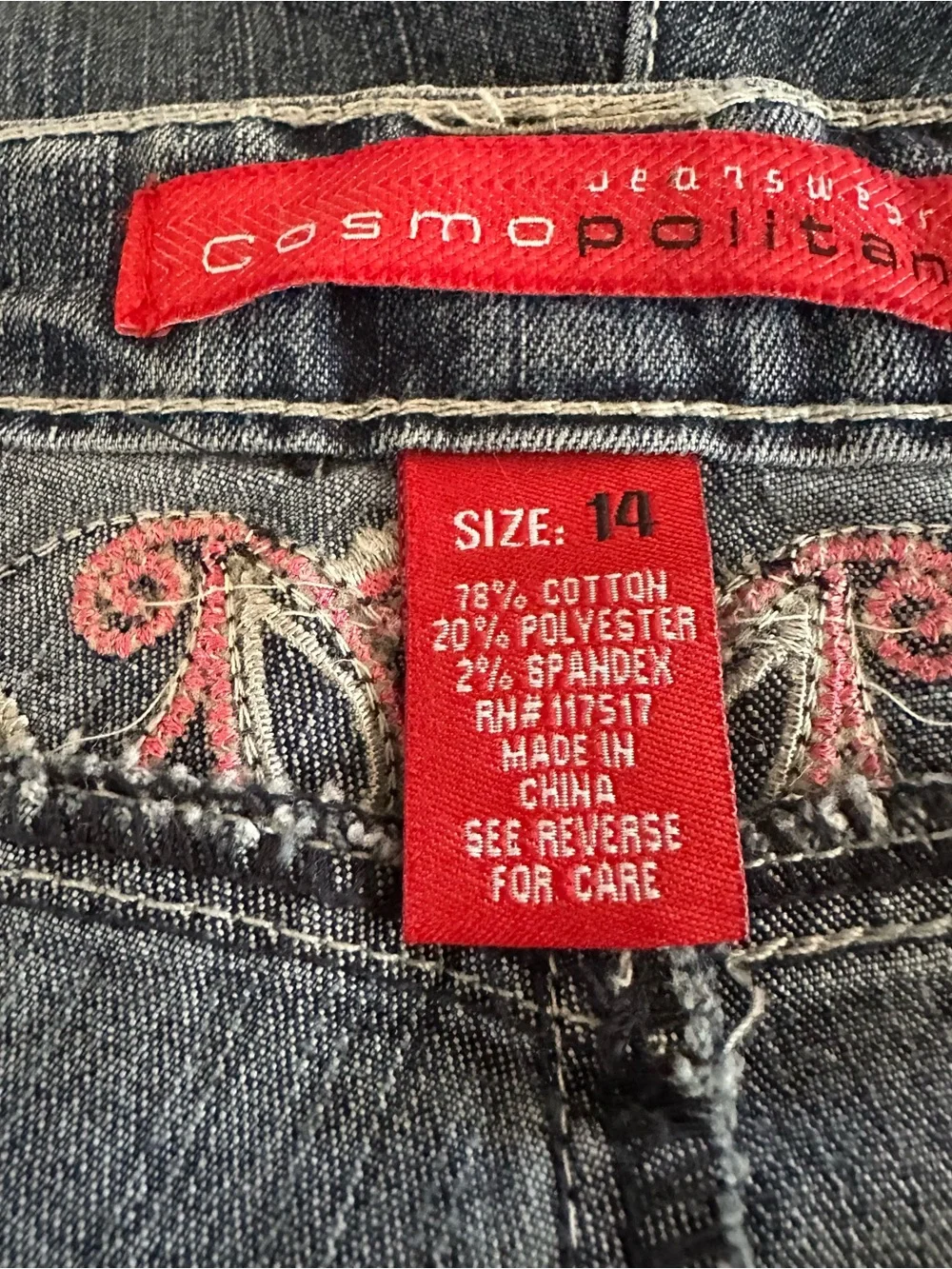 Cosmopolitan Dark Blue Cropped  Jeans with Pink Paisley Embroidery Size 14